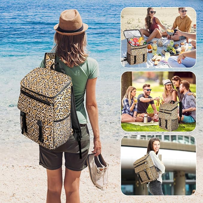 Cooler Backpack Soft Insulated Leak Proof 30 Cans Insulated Backpack Cooler Portable Picnic Camping Beach Hiking BBQ Lunch Backpack for Men and Women -Leopard Print