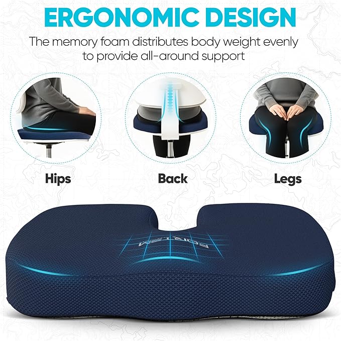 FORTEM Seat Cushion, Office Chair Cushion, Desk Chair Memory Foam, Sciatica Coccyx Tailbone Pain Relief, Pressure Relief, Sitting Pad, for Long Gaming & Sitting, Washable Cover, Non Slip