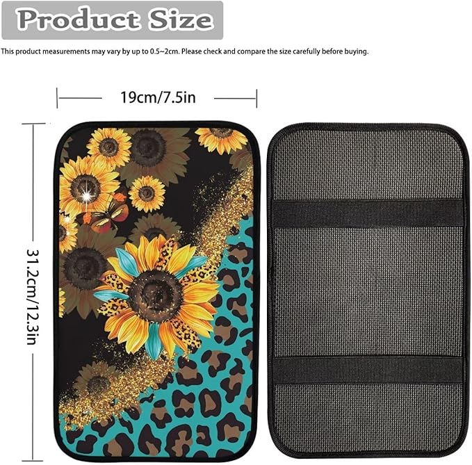 JoyLamoria Sunflower Leopard Car Center Console Armrest Cover Non Slip Auto Arm Rest Cushion Pads Armrest Protector Car Interior Accessories