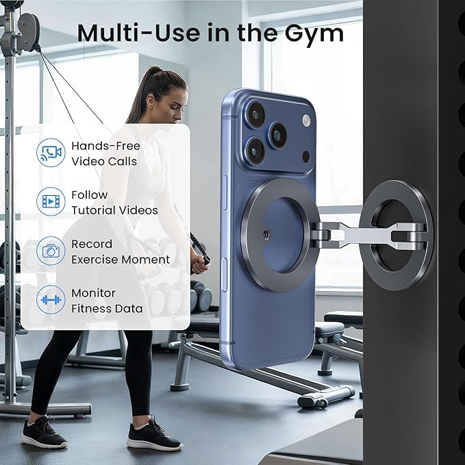 Itramax Magnetic Phone Holder for Gym,Double Ring Magnetic Gym Phone Stand,360° Adjustable Cell-Phone Mount for iPhone 17 Air 16 15 14 13 12 Pro Max,Mag/Safe Case,Metal Surfaces,Alloy Base,Golf Cart