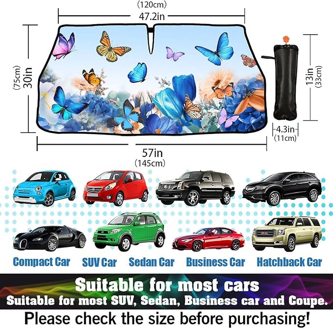 Butterfly Print Car Sunshade Umbrella Floral Windshield Sun Shade for Car Retractable Umbrella Sunshades for Front Window Butterflies Sun Shades Cover Visor Portector Block UV Rays