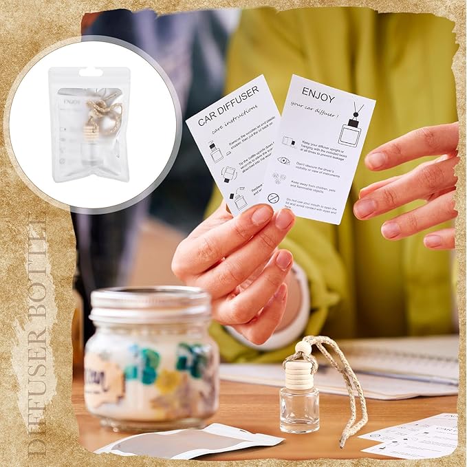 Boao 300 Sets Hanging Car Air Freshener Diffuser Bottles with Instruction Card and 4 x 6'' Resealable Holographic Bag for Empty Car Essential Oil Perfume Bottles Packaging (Cylinder)