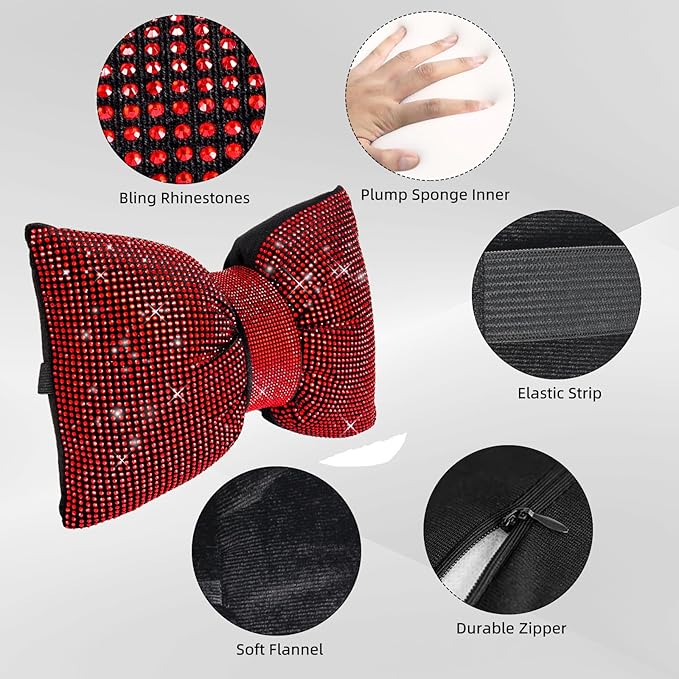 2 PCS Bling Car Pillows,Rhinestones Bowknot Car Headrest Pillow,Car Neck Pillow for Driver Relax Necksupport,Sleeping Travel Support Neck Pillow,Shiny Diamond Interior Accessories for Women,Red