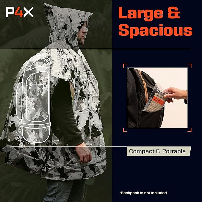 PREPARED4X Emergency Mylar Poncho – Survival Rain Poncho with Hood – Lightweight, Compact, Reusable Emergency Blanket Poncho for Hiking, Camping, Thermal Gear, Car Kit, Outdoors