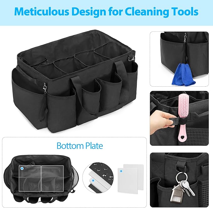 HODRANT Extra-Large Cleaning Caddy, Organizer with Handles for Cleaning Tools & Products Storage, Large Capacity Tote Bag for Car, Home & Housekeeping Work, Black