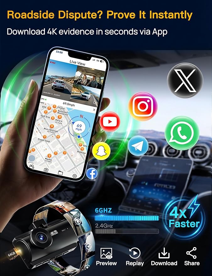 QCONTROL® Rideshare/Taxi True 4K 3-Channel Dash Cam Front and Rear Inside, 4K Front + 1080P IR Inside + 1080P Rear, 6G WiFi App, GPS Speed/Route Timestamp Overlay, 64GB Included