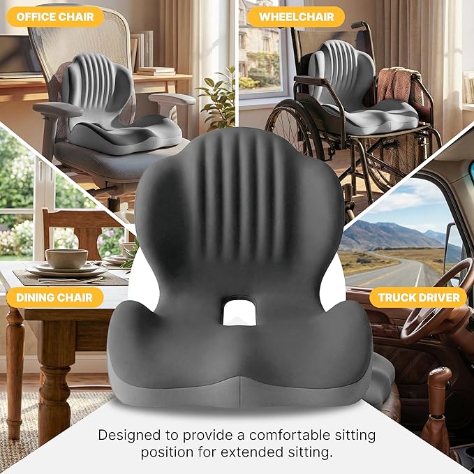 Seat Cushion, Office Chair Seat Cushions with L-Shaped Ergonomic Design, Memory Foam Seat Cushion with Coccyx Hollow, Lumbar Support Pillow & Tailbone Pain Relief for Long Sitting (Grey)