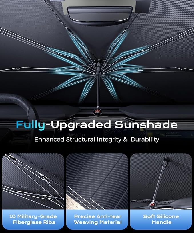 [2025 Upgrade]Coverado Sunshade for Car Windshield, UPF80+ Full-size Trucks/SUVs Windshield Sun Shade Blocks Heat & UV Rays, Thickened Vinyl Coating Keep Cool and Protect Interior, Foldable L 61”x34”
