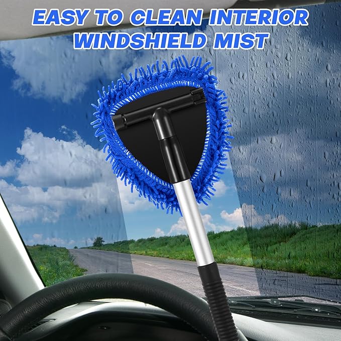 Baderke 9 Pcs Car Windshield Cleaner Tool Kit with with Extendable Handle, Microfiber Towel Pads, Sponge, Ventilation Brush, Empty Spray Bottle for Auto Glass Wiper Suvs Rvs & Home Windows(Blue)