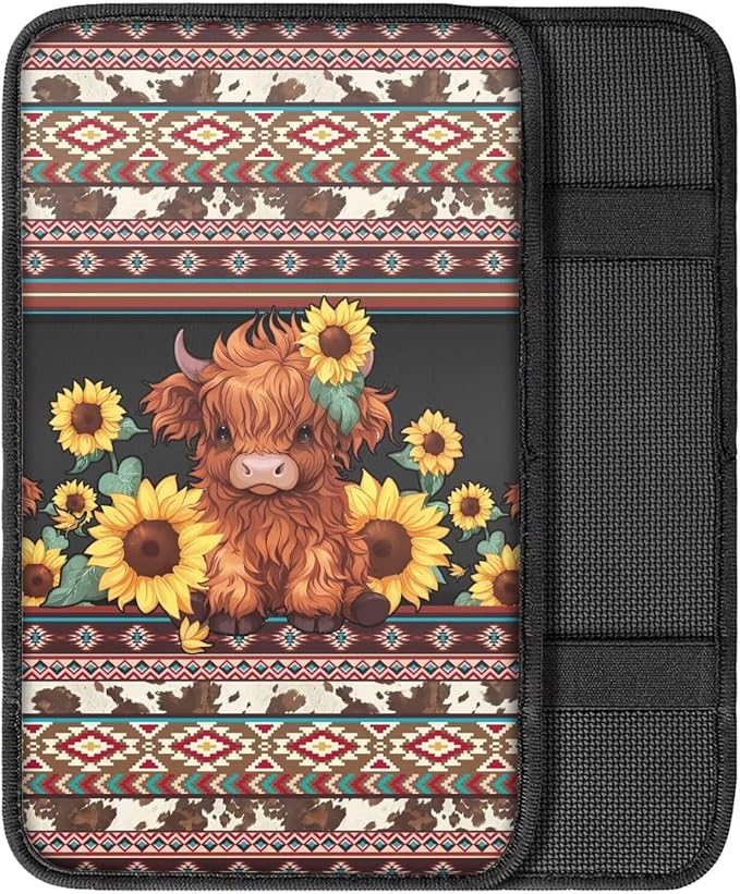 UNICEU Western Highland Cow Car Center Console Armrest Cover Pad Sunflower Armrest Cushion Universal Fit Most Vehicle,SUV,Truck,Car Seat Box Lid Cover Interior Decoration Accessories