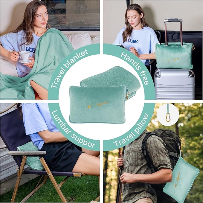 Travel Blanket & Pillow Set, 300 GSM Soft Fleece, 60x43 Inches, 3-in-1 Airplane Blanket, Travel Pillow and Blanket Set, Travel Blanket Airplane Compact with Bag, Travel Essentials,Mint Green