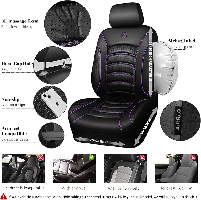 CAR PASS 3D Foam PU Leather Car Seat Covers, Universal Seat Covers Front 2 for Trucks SUV Sedan Automotive Seat Covers Armrest Airbag Compatible Waterproof Comfortable Faux Nappa Leather Black Purple