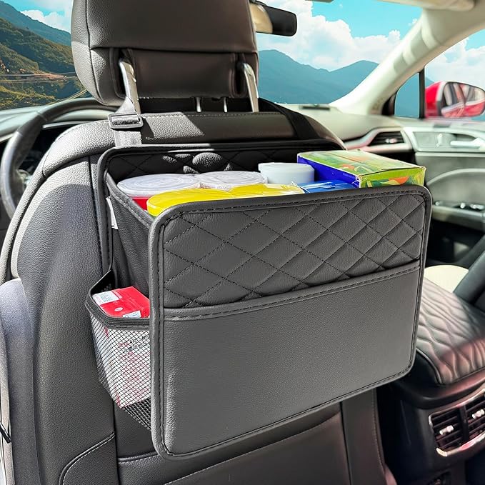 Witaxima Upgraded Extra Large Car Seat Organizer Backseat with 3 Storage Pockets, Multipurpose Car Organizer Hanging Car Trash Bag Can Premium PU Leather Garbage Can 3 Gallon Large Capacity, Black.