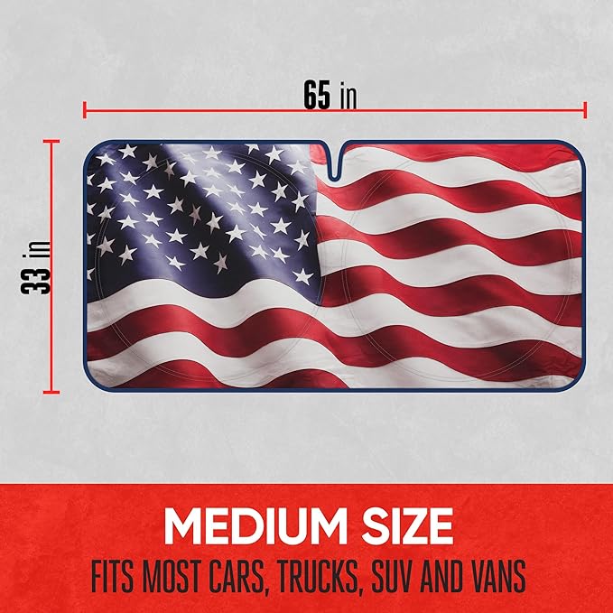 Motor Trend USA Americana Flag Car Windshield Sun Shade for Front Window, Foldable Car Sun Shade with Patriotic Graphic, Collapsible Sun Visor Sunshade for Cars Windshield (Medium 65" x 33")