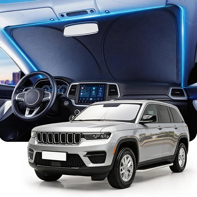 DMJN Windshield Sun Shade for Jeep Grand Cherokee (2011-2026), Car Sunshade for Front Windshield [100% Efficient Block UV & Scorching Sun] UPF50+ Heat Block - Protect Interior & Keep Cooler