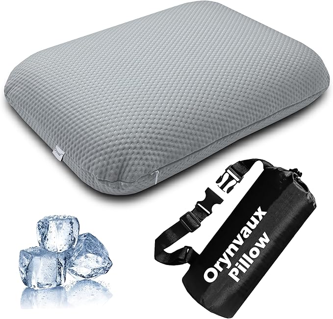 Cooling Camping Pillow, Memory Foam Travel Pillow with Adjustable Buckle Strap & Storage Bag, Compact Small Pillow for Airplane, Car Lumbar, Office, Washable Cooling Cover, Quarry Grey