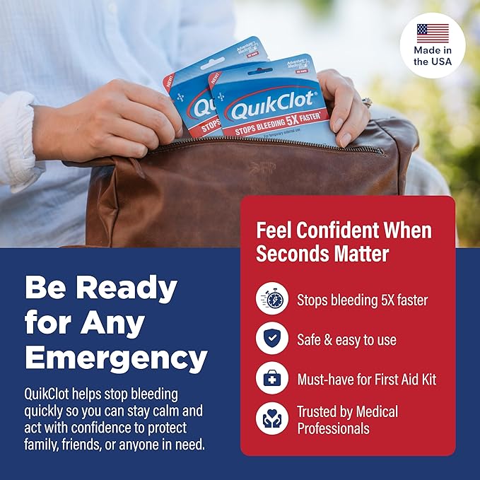 Adventure Medical Kits QuikClot Advanced Clotting Gauze - Stops Bleeding up to 5X Faster Than Standard Gauze - Kaolin Hemostatic Dressing - for First Aid Kits & Survival Gear - 3 x 24 (2 Strips)