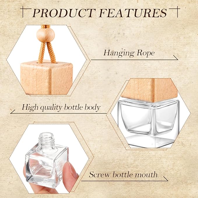 Domensi 150 Pcs Car Air Freshener Hanging Car Diffuser Bottles Empty Glass Perfume Bottles Refillable Air Freshener Pendant Aromatherapy Fragrance Vials Ornament Decor