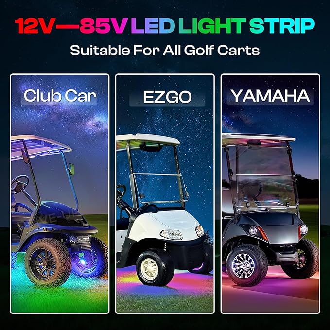 Drive-up 6 Pcs Golf Cart Underglow LED Light Strip Set with Canopy Lights, 12-85V Underbody Glow Neon Lighting Fit Yamaha, EZGO, Club Car Golf Carts with 28 Modes, Wireless Remote Control, Music Sync