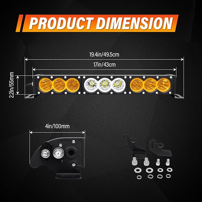 Willpower 17 inch LED Light Bar Single Row White Amber Dual Color 90W Off Road Light Bar Spot Flood Combo LED Work Light Truck UTV 4x4 Cars SUVs ATVs Boats Fog Driving Light with Wiring Harness kit