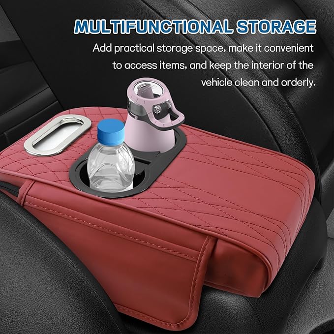 wuyaoyao Car Center Console Armrest Pillow, 13.78"×7.48"×2.56" Leather Arm Rest Cover for Cars, Memory Foam Auto Armrest Cushion Pad with Pocket, Cup Holder & Tissue Box, Car Accessories (Wine Red)