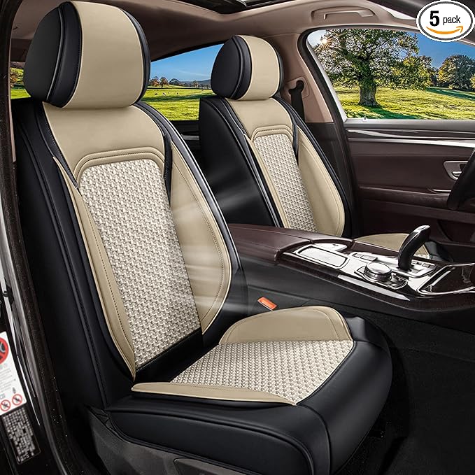 Car Seat Covers Full Set for Toyota Avalon 2001-2025 2026 - Breathable Cooling Ice Silk Leather Seat Cover - 5 Seats for Toyota Avalon Accessories (Black&Beige)