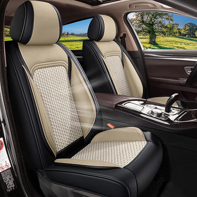 Car Seat Covers Full Set for Toyota 4Runner 2003-2025 2026, Breathable Cooling Ice Silk Leather Car Seat Covers, 5 Seats for Toyota 4 Runner Accessories (Black&Beige)