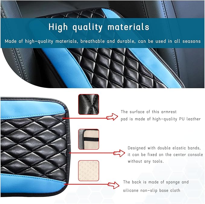 Car Center Console Cushion Pad, Universal Leather Waterproof Armrest Seat Box Cover, Comfortable Auto Armrest Cover Protector, Car Interior Decor Accessories for Most Vehicles (Black & Blue)