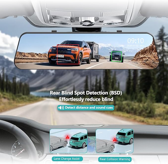 Dual Sony STARVIS 2 IMX678 Sensors 4K+4K Mirror Dash Cam Front and Rear, 12" Smart Rear View Camera with ADAS Blind Spot Detection, Super Night Vision HDR, 5G WiFi GPS, 64GB, 24H Parking