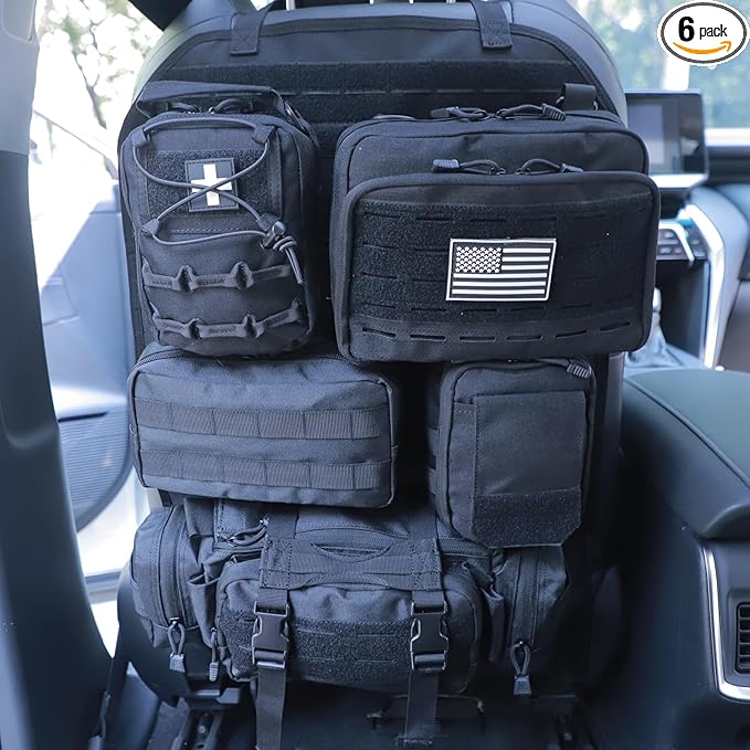 Universal Tactical Car Seat Back Organizer Bag Tactical Molle Vehicle Organizers Panel Vehicle Protector Organizers with 5 Detachable Pouches for Car Truck Ford Jeep (Upgraded C model Black)