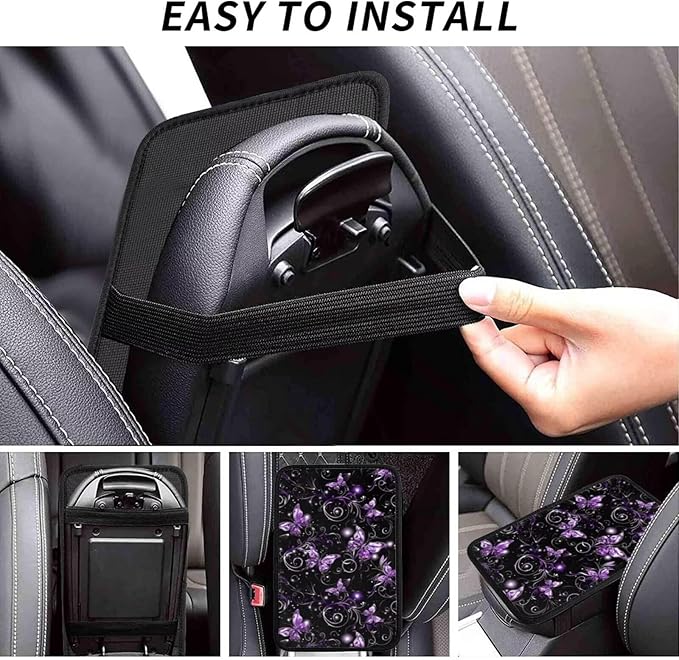 Car Center Console Cover Purple Butterfly Polyester Fabric Auto Armrest Cover Boho Flower Butterflies Cute Hippie Scratch Resistant Wear-Resistant Universal Car Armrest Storage Box Pad