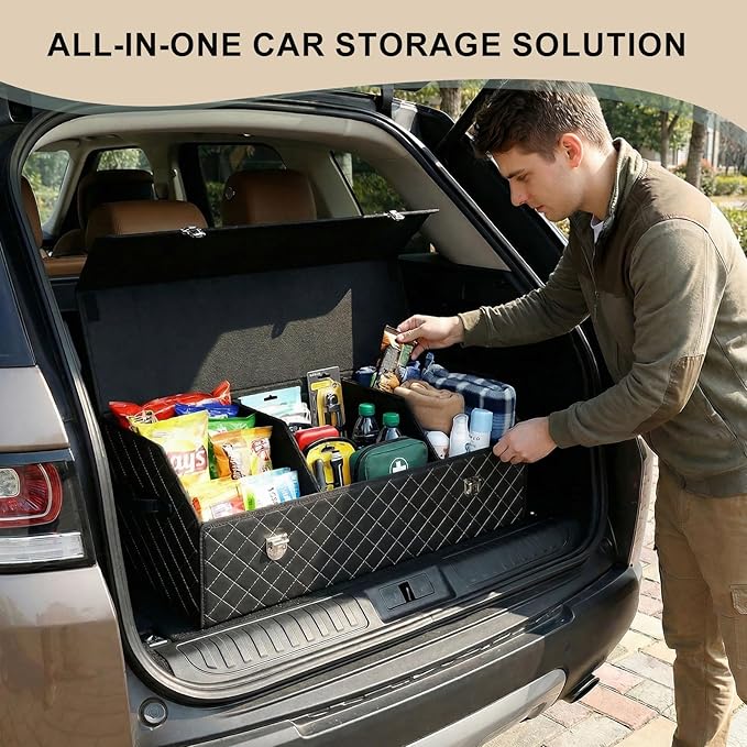 Trunk Organizer with Lid for Car Foldable Storage Box Heavy Duty PU Leather Cargo Organizer for SUV Sedan Waterproof (Black, Large)