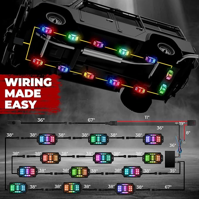 12 Pods Five Sided RGB Rock Lights for Trucks Jeep UTV SUV ATV Golf Cart, Multi Chasing Color App/Remote Control Led Rock Lights with Music Mode, Waterproof Exterior Underglow Kits for Cars(Patented)
