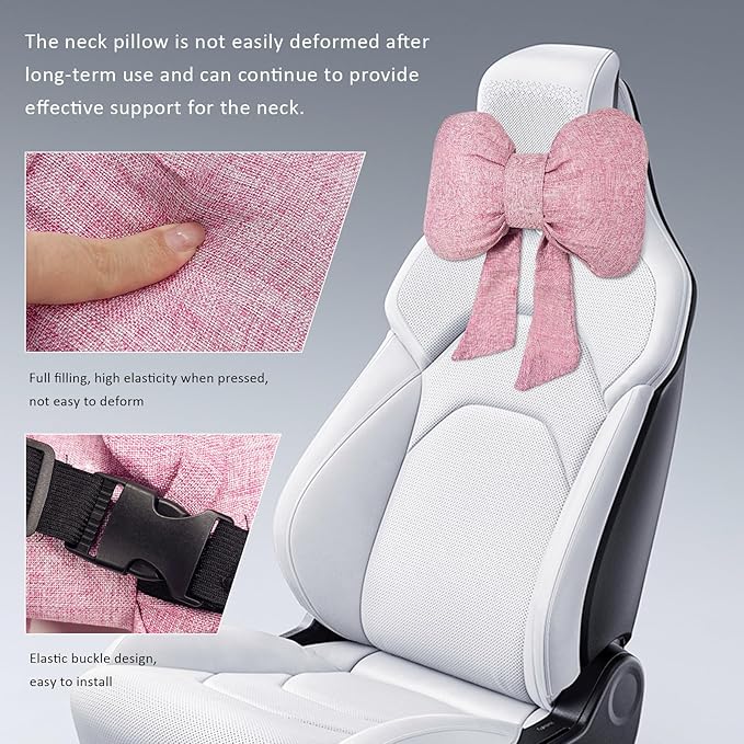 Sun Walker Bow Car Headrest Pillow, Breathable Bow-Shaped Vehicle Neck Pillow with Adjustable Strap, Ergonomic Neck Support Cushion Driving Seat Decoration for Women Girls (Pink)
