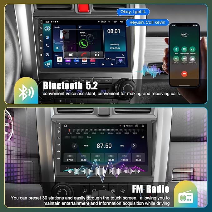 Car Radio Stereo for 2007-2011 Honda CRV | 9" QLED Touchscreen with Wireless CarPlay & Android Auto | 4G+64GB Fast Android 13 System | Built-in GPS, Bluetooth, Backup Camera & Steering Wheel Control