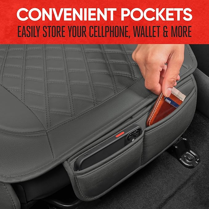 Motor Trend Car Seat Cushion, 2 Pack - Diamond Stitched Faux Leather Seat Covers for Cars Trucks SUV, Gray Padded Car Seat Covers with Storage Pockets, Premium Automotive Seat Covers for Front Seats