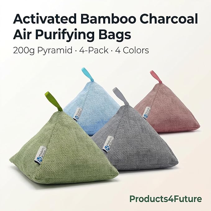4 pack Naturally Activated Bamboo Charcoal Air Purifying Bags | Natural Home Deodorizer Bag | Charcoal Bag Odor Absorber For Pets | Odor Eliminator & Moisture Absorber Air Freshener Bag (200g Pyramid)