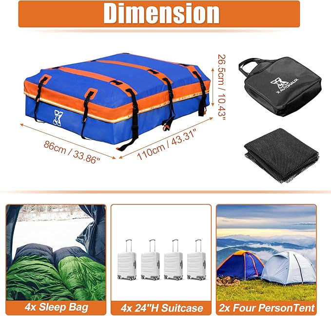 X AUTOHAUX 1000D PVC Waterproof Car Roof Bag Rooftop Cargo Carrier Bag Luggage Carriers for Cars with or without Rack Anti-Slip Mat 6 Door Hooks Set Blue - 15 Cubic Feet