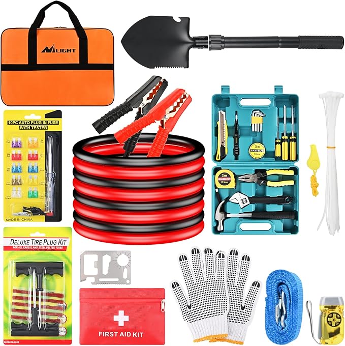 Nilight Car Emergency Kit with Jumper Cable Air Compressor Tire Repair Essential Tools First Aid Alligator Connector Electrical Kit for Travel Camping Outdoor Cars Truck SUV RV