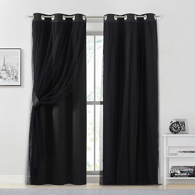 Bujasso Black Full Blackout Curtains with Sheer Overlay Mix and Match Double Layer Thermal Insulated Window Panels 84 inch for Living Room Bedroom Black Drapes with Tiebacks Grommet Top 37" Wx84 Lx2