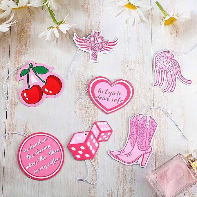 Tallew 8 Pcs Scented Pink Car Freshies Hanging Air Freshener Pink Car Freshener Slice Pendant Scented Diffuser for Interior Air Accessories Home Gift Supplies(Cherry)