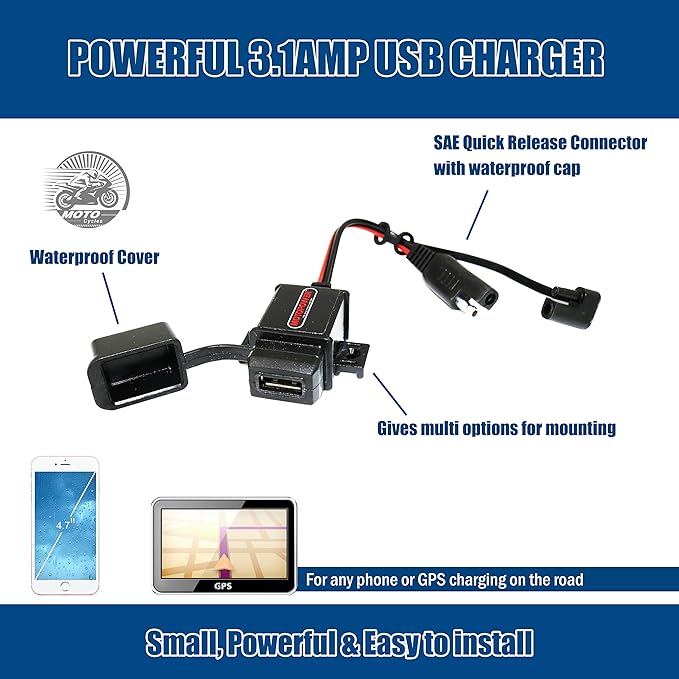 MOTOPOWER MP0609AA 3.1Amp Motorcycle USB Port Kit SAE to USB Adapter Cable with SAE Cap