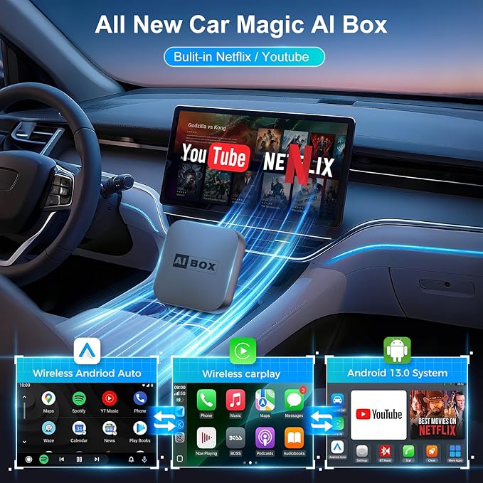 Wireless CarPlay Adapter, Car Adapter with Netflix Fast Car Video Plug & Play, Easy Setup, Supports Netflix/YouTube/TF Card Streaming Equalizers and More for OEM Wired CarPlay/Android Auto Cars