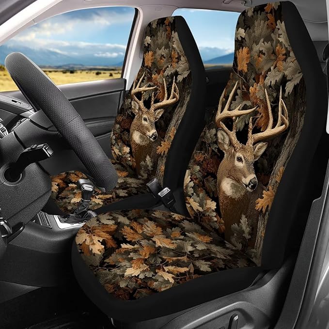 KEIAHUAN Car Seat Covers for Front and Rear Seat Full Set of 4 Pcs Camo Deer Hunting Design Front Saddle Blanket Rear Split Bench Protection Cover Automotive Interior Accessories