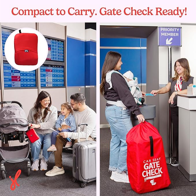J.L. Childress Gate Check Travel Bag for Car Seats - Car Seat Travel Bag for Airplane, Fits All Baby & Infant Carriers, Airport Accessories for Gate Check, Flying Essentials, AirTag Compatible - Red