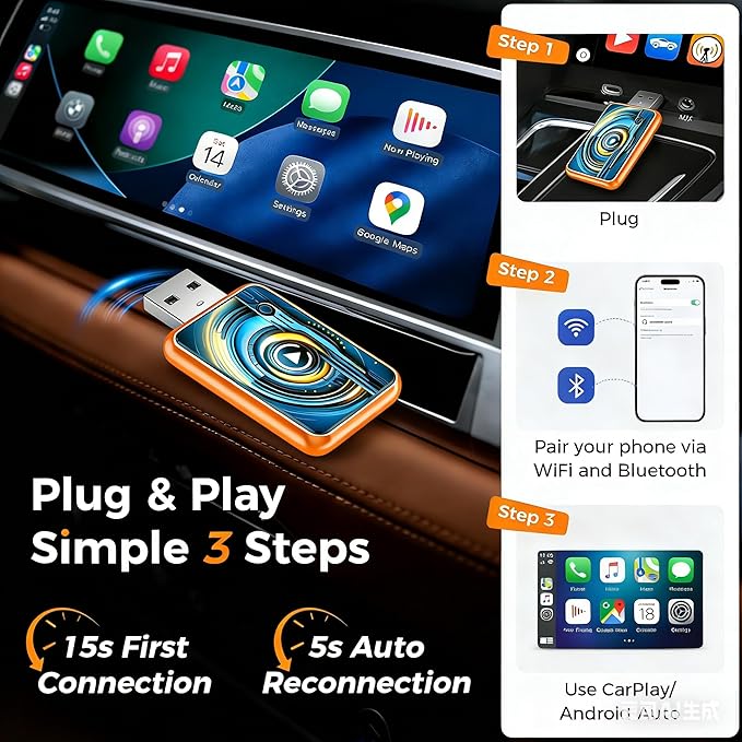 2026 Wireless Carplay Adapter for Apple iPhone & Android，Multi-User, No Latency - Convert Wired to Wireless Car Play Adapter for iOS 10+/Android 11+/Type-C Port