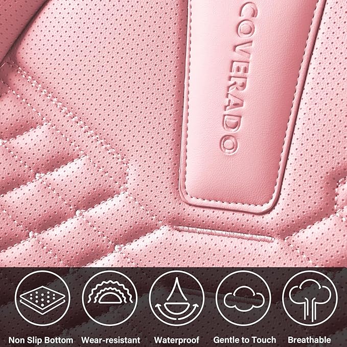 Coverado Seat Covers Full Set, Waterproof Nappa Leather Seat Covers for Cars, 5 Seats Universal Car Seat Protectors, Black and Pink Leather Car Seat Covers Car Seat Cushions Fit for Most Cars