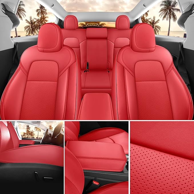 for Tesla Model Y Seat Covers 2020-2024 12pcs Waterproof Nappa Leather Seat Cover Fully Wrapped Customized for Tesla Model Y (TY-Red)