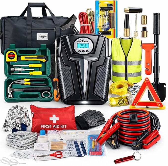 kewen Car Emergency Kit, Roadside Assistance Emergency Car Kit Jumper Cables, Road Trip Essentials, Auto Vehicle Car Safety Kit with Digital Air Compressor Tire Inflator, Reflective Warning Triangle