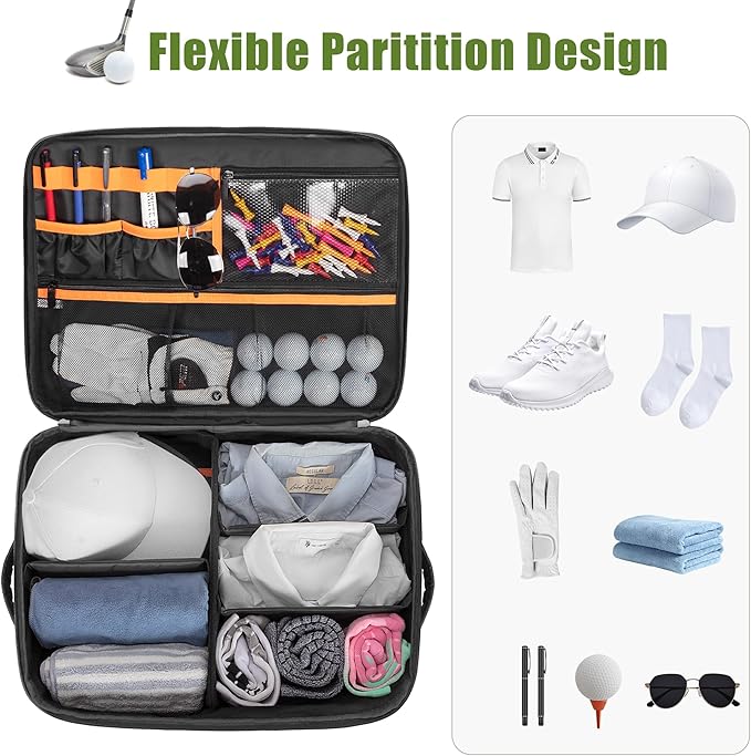 PGmoon 2 Layer Golf Trunk Organizer, Golf Car Storage Organizer with Individual Ventilated Compartment for 2 Pairs Shoes, Golf Car Locker for Balls, Clothes, Tees, Gloves, Accessories